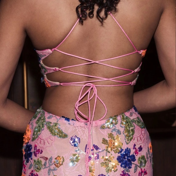 MAC DUGGAL 68067 PINK MULTI EMBELLISHED LACE STRAPPY COLUMN GOWN sz 2 - Picture 5 of 7